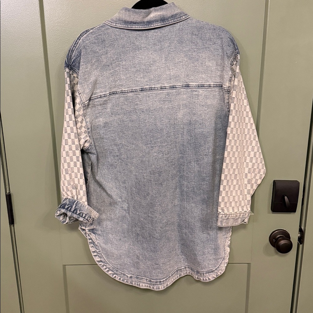 ANNIEWEAR Light Wash Denim Shirt with Checker Sleeves - Picture 3 of 8